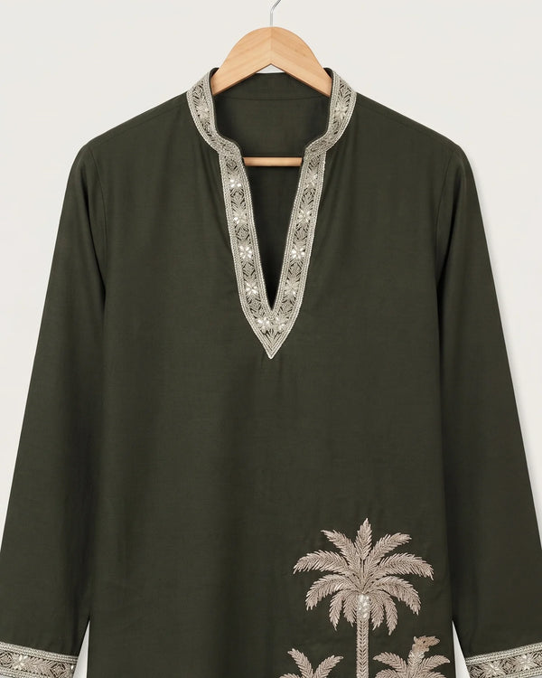Desert Nomad – Embroidered Olive Kurta Set for Men