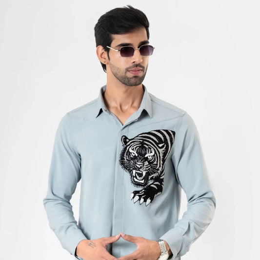 Celestial Roar – Tiger Embroidered Shirt