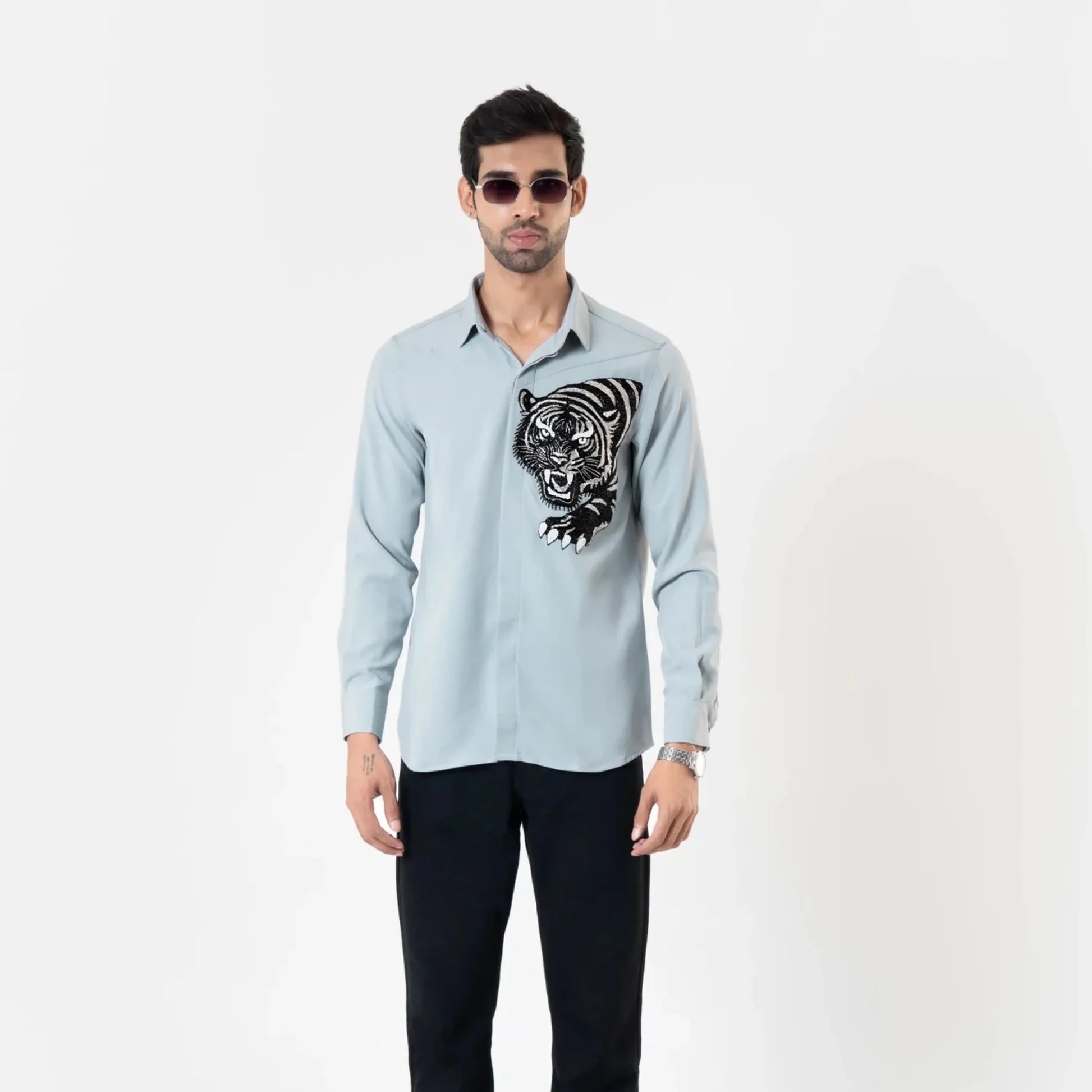 Celestial Roar – Tiger Embroidered Shirt