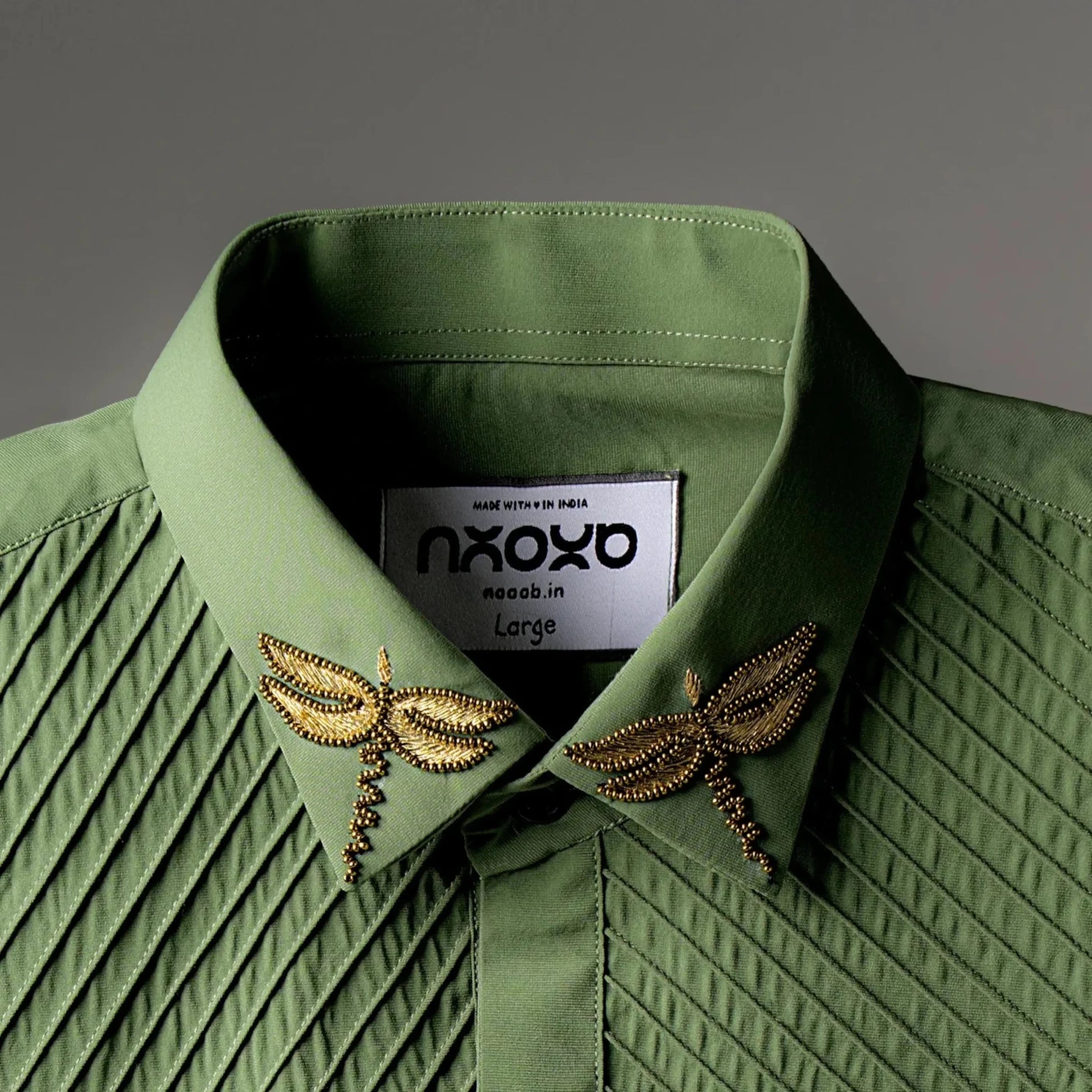 Ethereal Collar - Embroidered Sage Green Shirt for Men