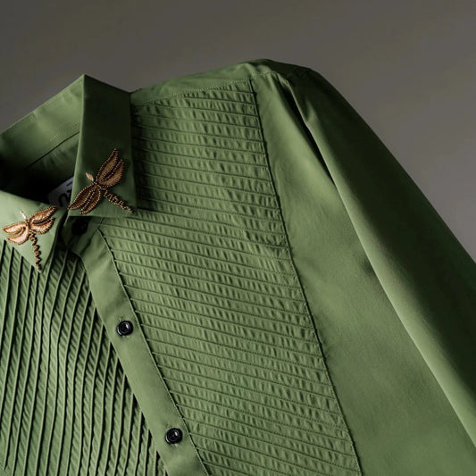 Ethereal Collar - Embroidered Sage Green Shirt for Men
