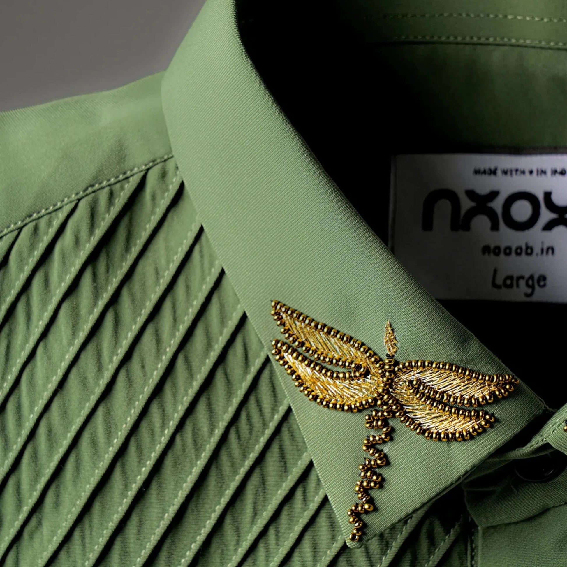 Ethereal Collar - Embroidered Sage Green Shirt for Men