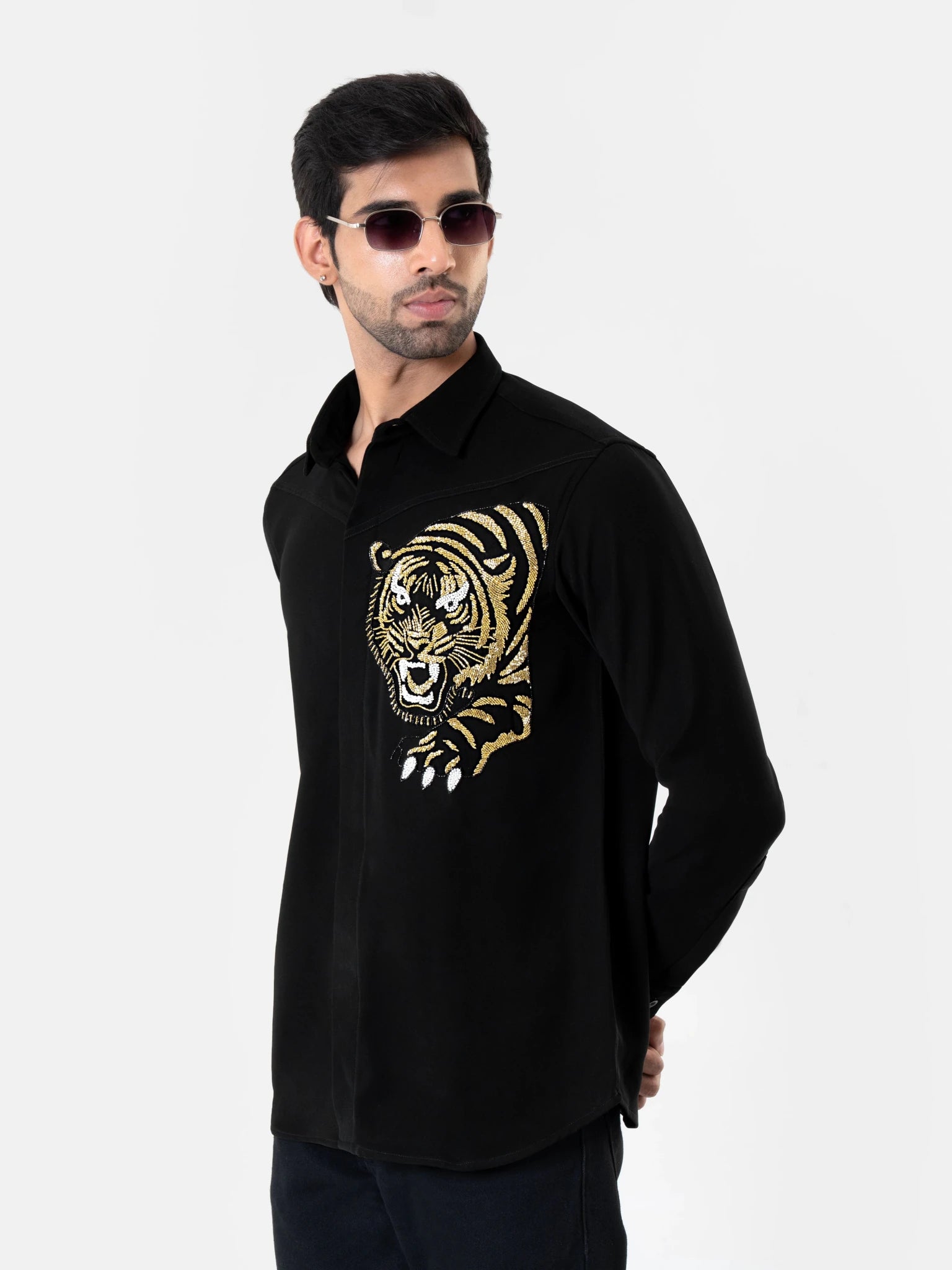 Premium embroidered shirts for men NOOOB wedding Golden Roar tiger