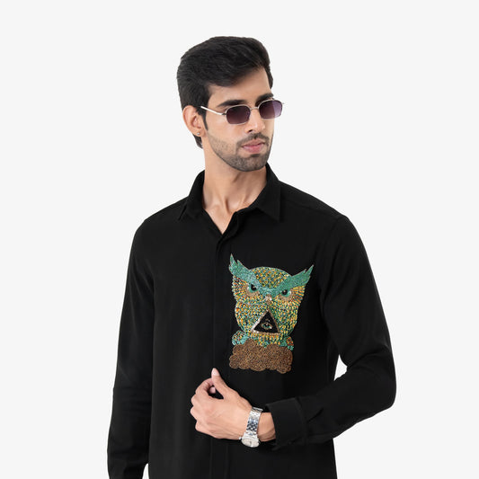 Midnight Oracle – Owl Embroidered Shirt