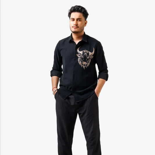 No Horns Held – Bull Embroidered Black Shirt