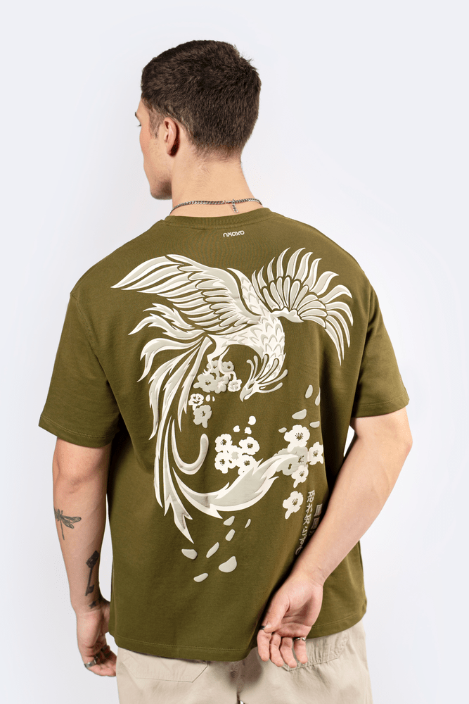 Oversized printed t-shirts unique colors NOOOB Rise from the Ashes olive green phoenix