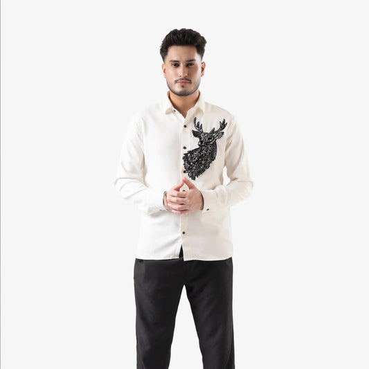 Silent Hunt – Deer Embroidered White Shirt