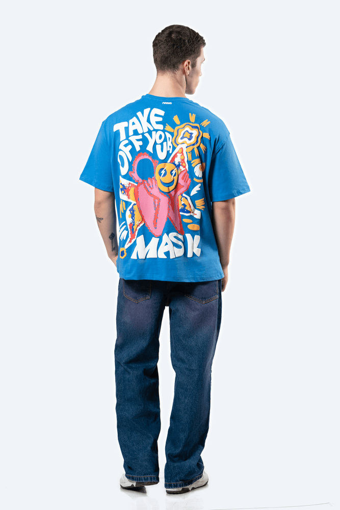 Blue Oversized Graphic Back Printed T-shirt for Men