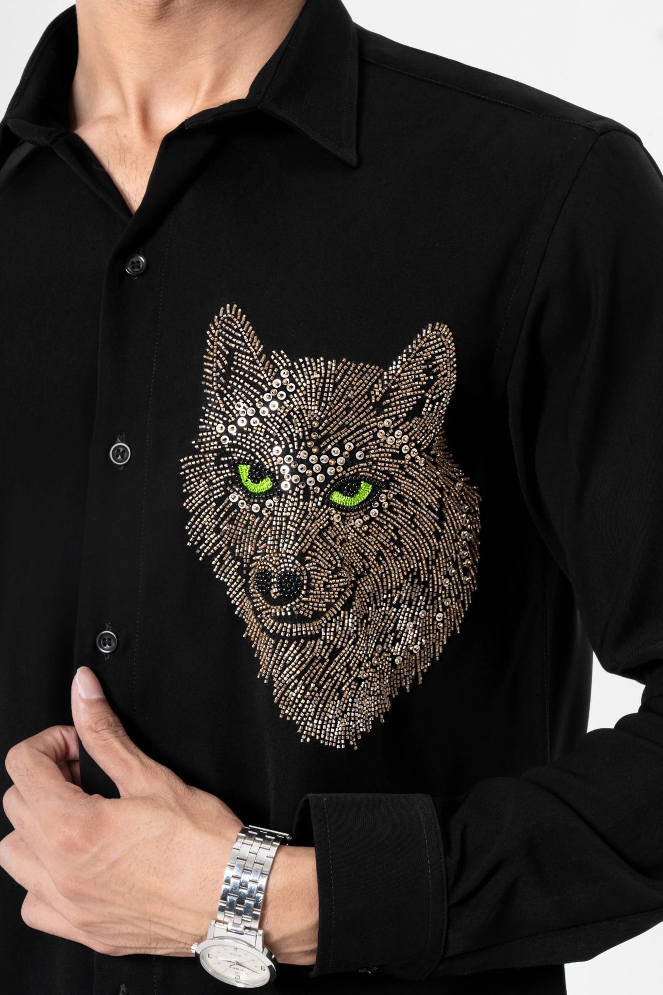 Wolf Embroidered Black Shirt for Men