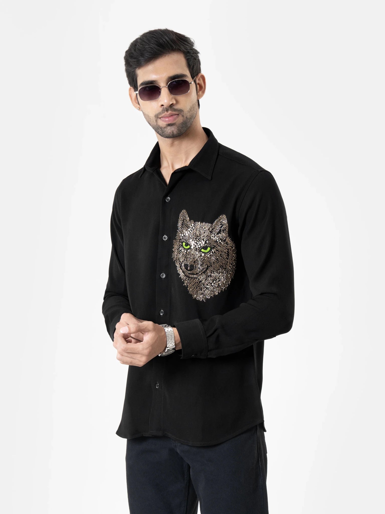 Wolf Embroidered Black Shirt